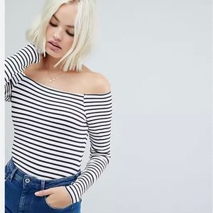 ASOS Navy Navy Blue & White Bardot long sleeve bodysuit Size 2